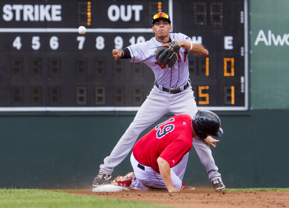 Erie SeaWolves second baseman Harold Castro forces out Sea Dogs first baseman Sam Travis before throwing out another runner for a double play Thursday at Hadlock Field.