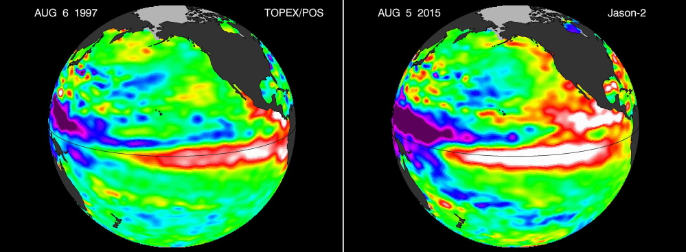 These false-color images provided by NASA satellites compare warm Pacific Ocean water temperatures from the strong El Nino in 1997, left, and the current El Nino as of Aug. 5, 2015, right.