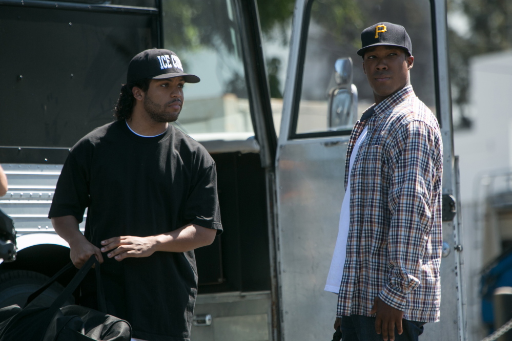 O’Shea Jackson Jr., left, as Ice Cube and Corey Hawkins as Dr. Dre in “Straight Outta Compton,” which follows the emergence in the 1980s of the pioneering rap group N.W.A.
