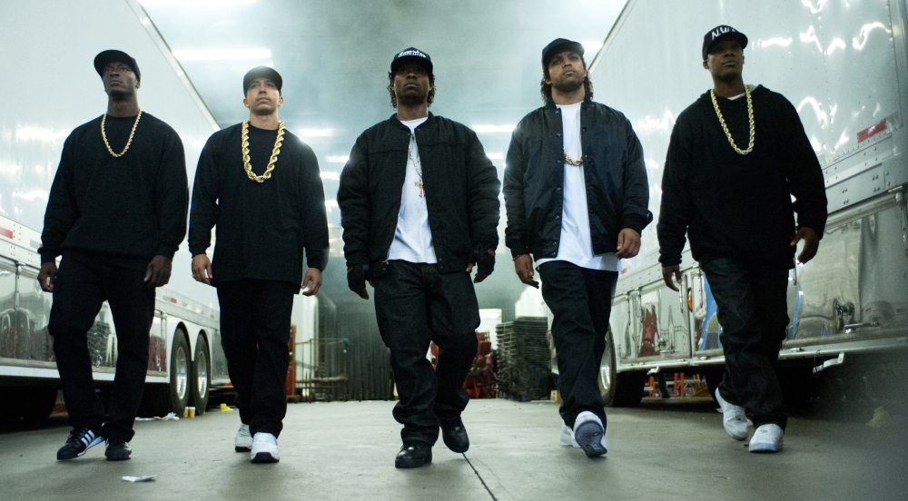 From left are Aldis Hodge as MC Ren, Neil Brown Jr. as DJ Yella, Jason Mitchell as Eazy-E, O’Shea Jackson Jr. as Ice Cube and Corey Hawkins as Dr. Dre, in “Straight Outta Compton.”