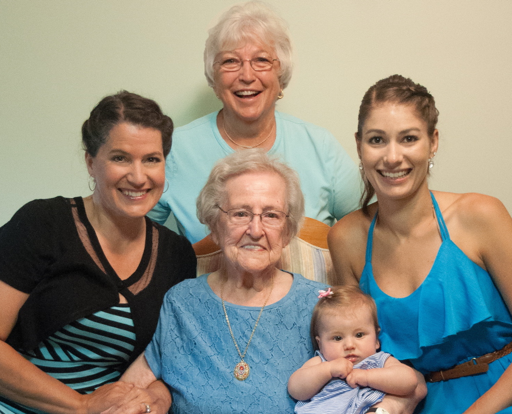 Lucienne Pelletier, front center, holds her first great-great-grandchild, Kennedy Dionne, in this family photo submitted to the Portland Press Herald showing five generations. Pelletier celebrated her 94th birthday on July 19 at her home in Augusta. Granddaughter Karen Bruder, left, of Cumberland, wrote in an email that Pelletier “is our inspiration: a woman of strength, love and deep faith.” Also shown are Jacqueline Lessard, in back, of Cumberland, and Rachel Dionne, of Fort Kent. Bruder notes that Pelletier continues to live independently and now has six grandchildren and 13 great-grandchildren.