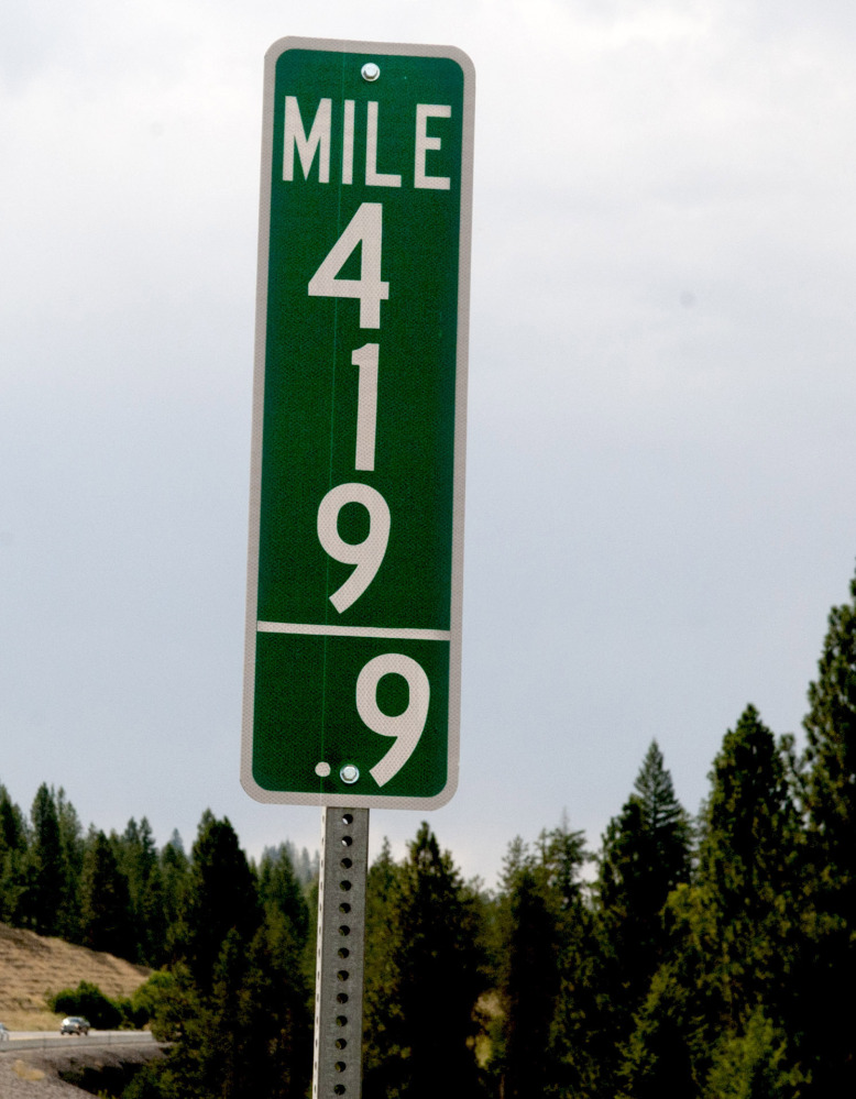 On Idaho’s Interstate 95, just south of Coeur d’Alene, the oft-stolen milepost 420 marker has been replaced with this less significant one.