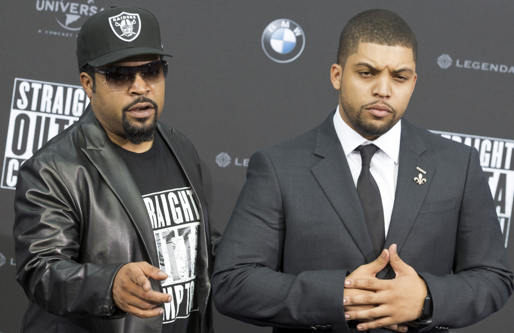 Ice Cube, left, and O’Shea Jackson Jr. attend a premiere of “Straight Outta Compton” in Berlin, Germany, on Aug. 18.