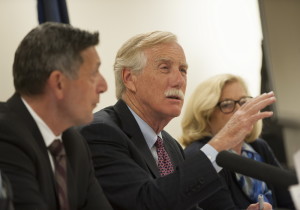 U.S. Sen. Angus King, center, and Michael Botticelli, director of the national Office of Drug Control Policy, left, along with U.S. Rep. Chellie Pingree, welcome participants to Tuesday's roundtable discussion on opiate addiction. King said, "If this were a (tuberculosis) outbreak, we’d be turning ourselves upside down to fight it."