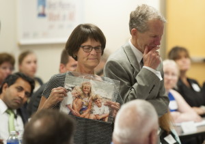 Dr. Lynn Ouellette of Brunswick, along with her husband, Dr. Thomas Keating, relate how their son died as a result of his opiate addiction, during a roundtable discussion Tuesday in Brewer.