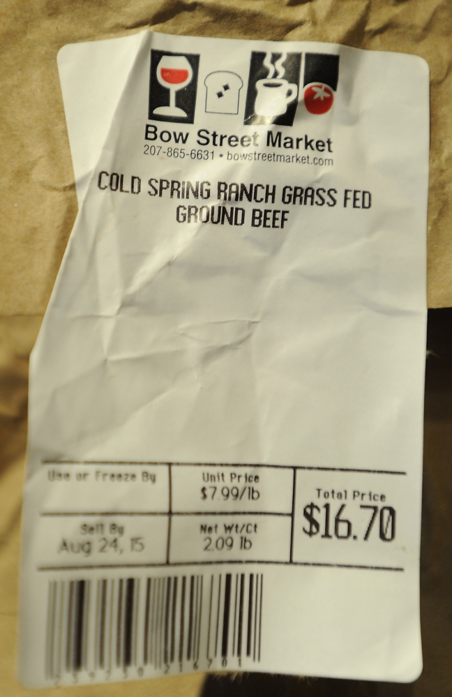 A label listing the meat as Cold Spring Ranch grass-fed ground beef is from Bow Street market. 