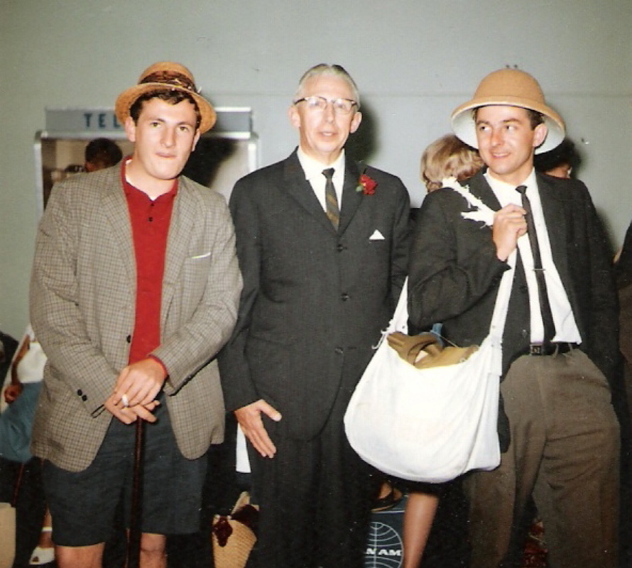 From left, Tom Dennen, Gorham Normal School registrar Allston Smith and The humble Farmer meet up at Logan International Airport in Boston on June 17, 1963, before their European tour.