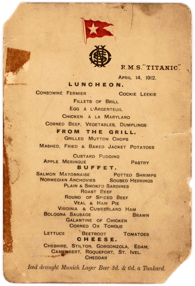 The Titanic’s last lunch menu is going to auction and expected to bring $50,000 to $70,000.
