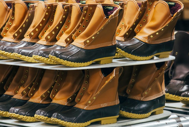 L.L. Bean boots await further packaging after their rubber soles were top-stitched to the leather. 