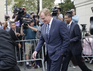 NFL Commissioner Roger Goodell leaves federal court after Wednesday's hearing in New York. The Associated Press