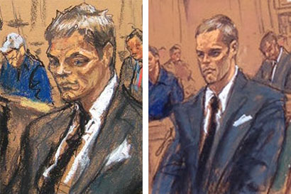 Jane Rosenberg's drawings of New England Patriots quarterback Tom Brady in court Aug. 12, left, and Monday. Rosenberg said she got a wave and a “thank you” from Brady on Monday.