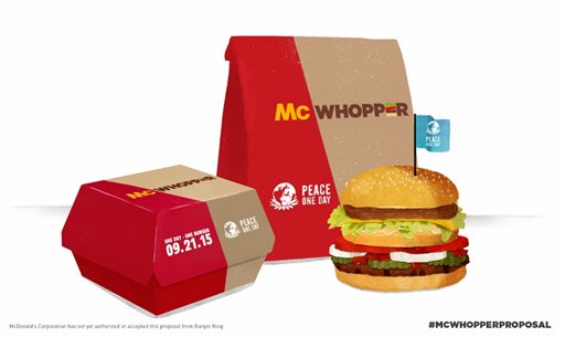 Photo provided by Burger King shows a "McWhopper." In full-page newspaper ads Wednesday. Burger King is tying the publicity stunt to a nonprofit called Peace One Day, which says it promotes Peace Day. 