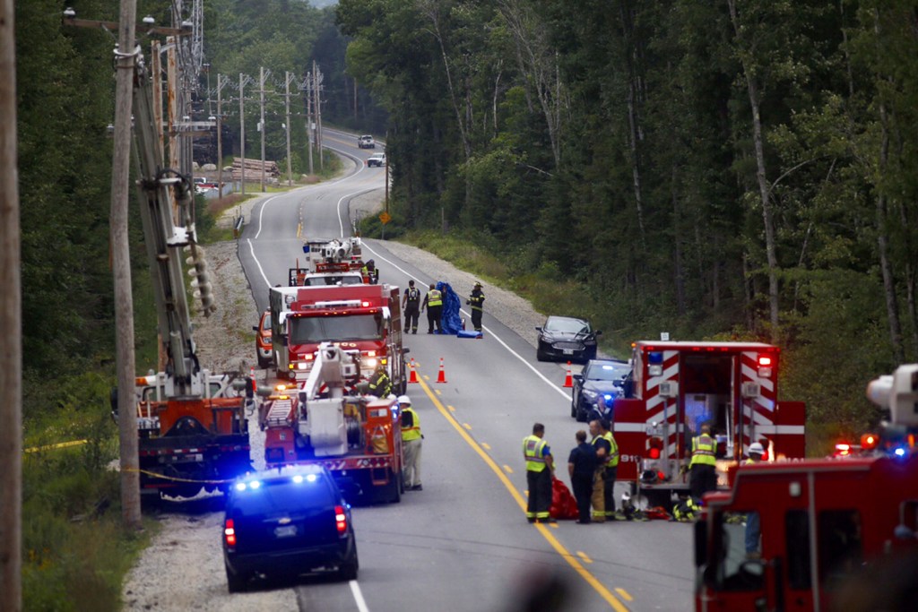 First responders reconstruct the accident on Aug. 11 in Casco that killed 4-year-old Cameron Joseph Petersen and injured his mother, Crystal Petersen of Gray. Petersen's condition has been upgraded to serious.
Gabe Souza/Staff Photographer