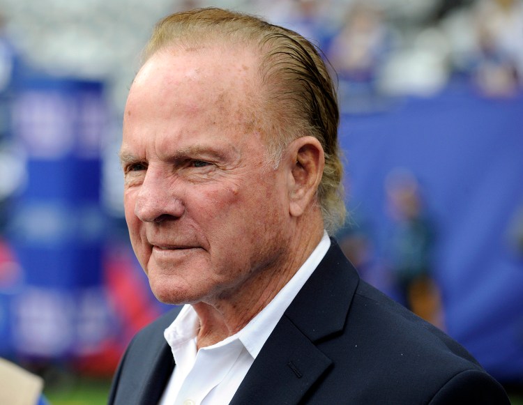 In this Sept. 15, 2013 file photo, former New York Giants player Frank Gifford looks on before an NFL football game between the New York Giants and the Denver Broncos in East Rutherford, N.J. Gifford's family on Sunday, Aug. 9, 2015 said Gifford died suddenly of natural causes. The Associated Press