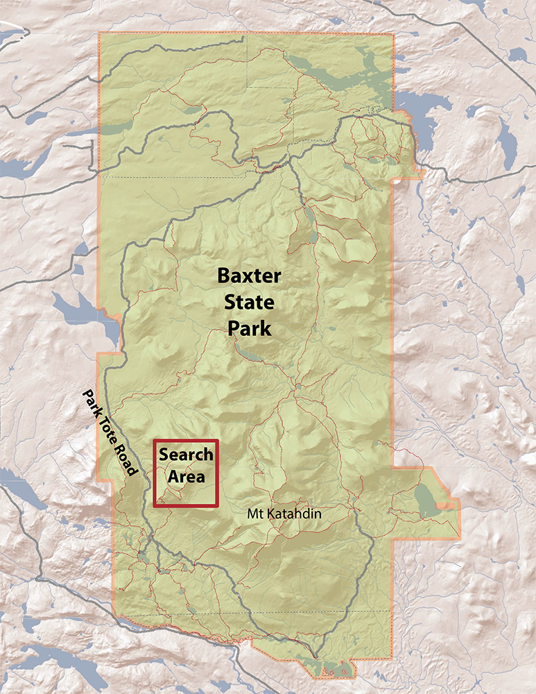 Map shows the search areas for missing hiker John Lyon. Mat courtesy of Maine Forest Rangers