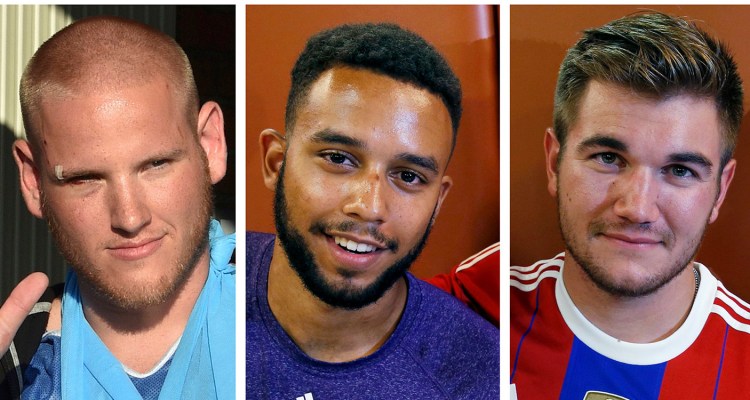 A combination photo shows, from left, U.S. Airman 1st Class Spencer Stone, Anthony Sadler and U.S. National Guardsman Alek Skarlatos. The three men helped overpower a Kalashnikov-toting suspected Islamist militant on a high-speed train heading for Paris from Amsterdam. 