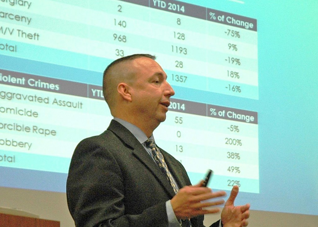 Portland Police Chief Michael Sauschuck makes a presentation at Wednesday's summit on the crisis in opioid use.
Photo courtesy Maine Department of Public Safety