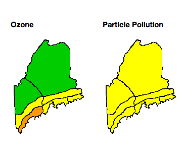 Maine's air quality forecast for August 18 predicts "moderate" levels of particle pollution statewide (mapped in yellow) and "unhealthy for sensitive groups" levels of ozone along the southern coast (in orange).  