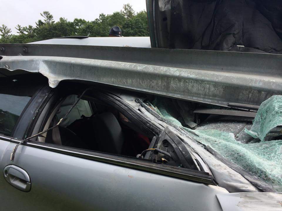 The guardrail sliced through the engine compartment and into the windshield when this car crashed on Interstate 295 in Yarmouth on Tuesday. 