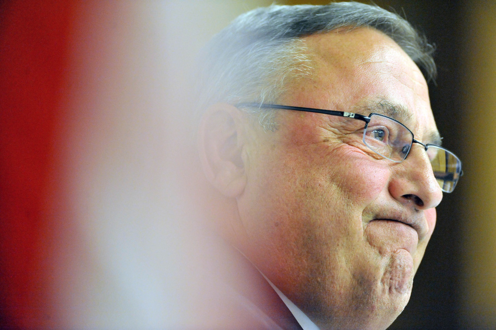 Gov. Paul Lepage smiles Tuesday during a town hall-style meeting at Thomas Auditorium at Preble Hall at the University of Maine at Farmington.
Michael G. Seamans/Morning Sentinel