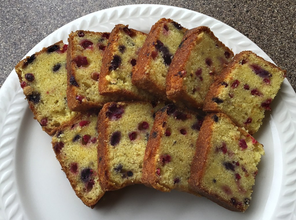 Blueberries and lingonberries in a pound cake make a pretty color combination.