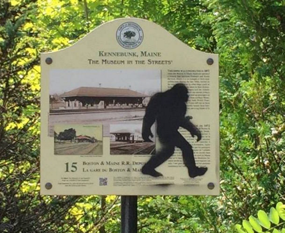Police sought the public’s help finding out who was tagging property in Kennebunk with an image of a sasquatch.