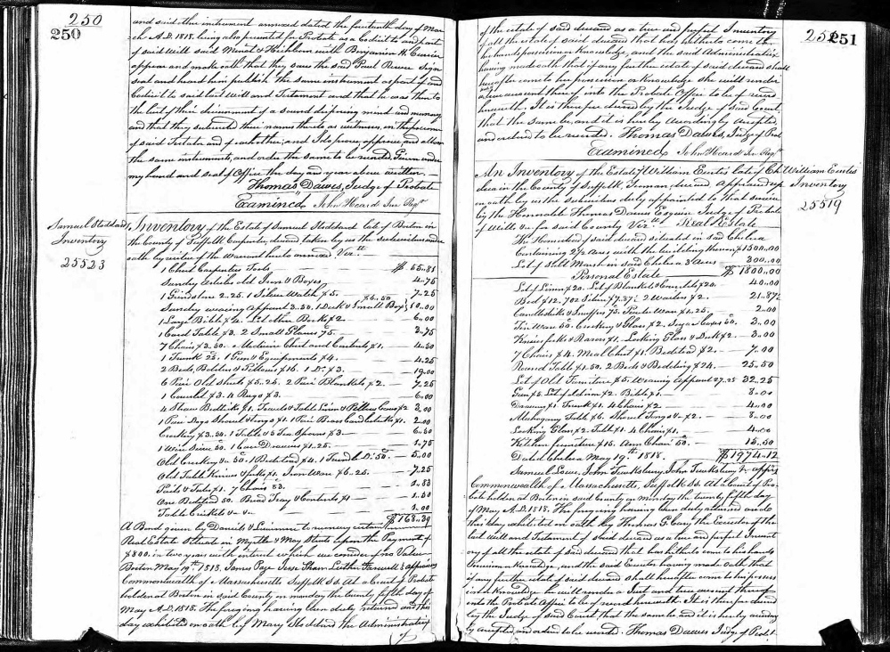 This public document from Massachusetts probate records, provided by Ancestry.com, shows part of Paul Revere’s will, which reveals some interesting facts. He left each of his grandchildren $500, except for one, “who shall have no part of my estate” except for $1, the will says.