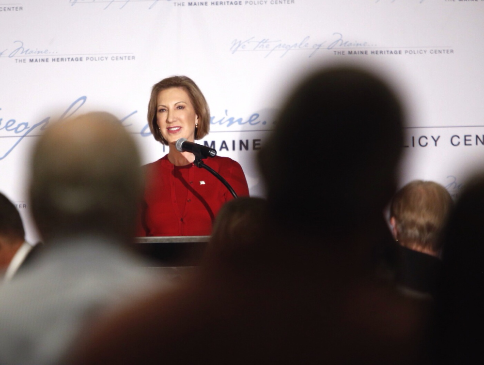 Carly Fiorina, the former Hewlett-Packard CEO who is now seeking the Republican presidential nomination, speaks at a luncheon hosted by the Maine Heritage Policy Center in South Portland on Thursday.