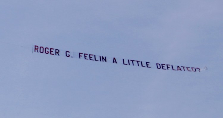 The latest banner from Biddeford’s Richard Pate chiding NFL Commissioner Roger Goodell flew over Scarborough early Saturday afternoon.