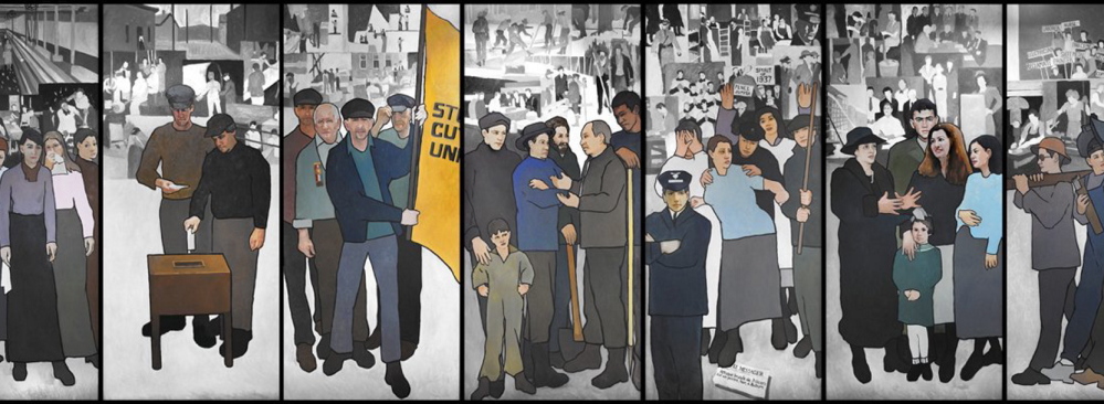 This mural depicts several great battles in Maine labor history. Some recent developments suggest that the pendulum of history might be swinging back in the direction of workers and their families.