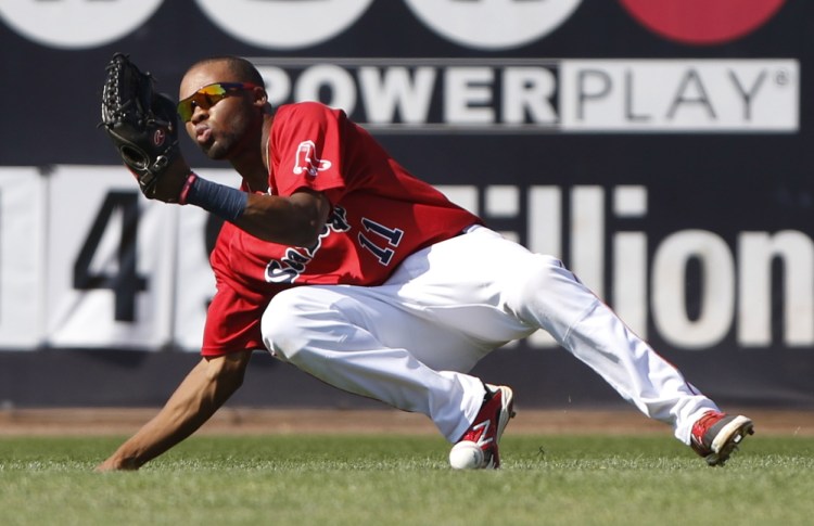 The Sea Dogs’ Manuel Margot misses a catch in the sixth inning of Monday’s game at Hadlock Field. It didn’t keep the Sea Dogs from winning handily.