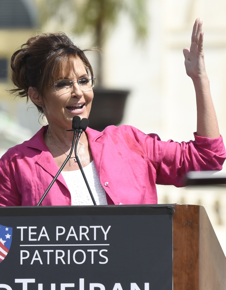 Former Republican vice presidential candidate Sarah Palin speaks during a rally opposing the Iran nuclear deal outside the Capitol in Washington, Wednesday, Sept. 9, 2015. (AP Photo/Susan Walsh)