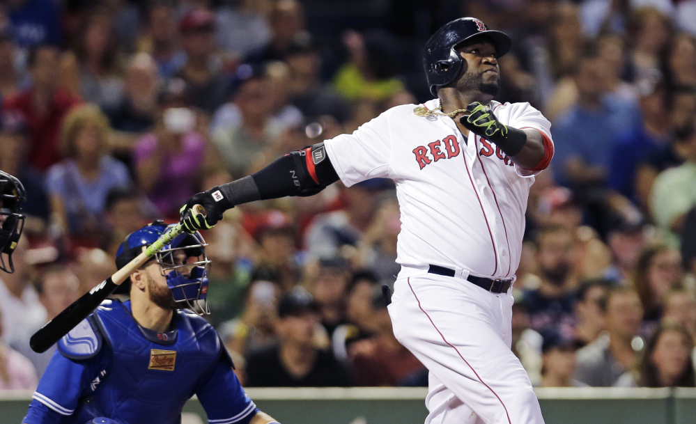 David Ortiz hits his 498th career home run, off Toronto Blue Jays starting pitcher Drew Hutchison, in the third inning of Wednesday night’s game at Fenway Park.