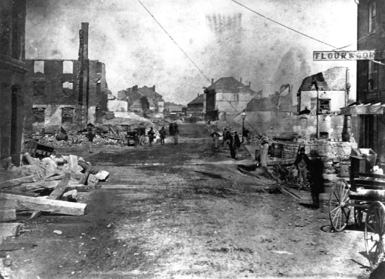 Water Street in Augusta is in ruins the day after it was devastated by fire Sept. 17, 1865. Fanned by winds off the Kennebec River, the blaze destroyed nearly 100 buildings.