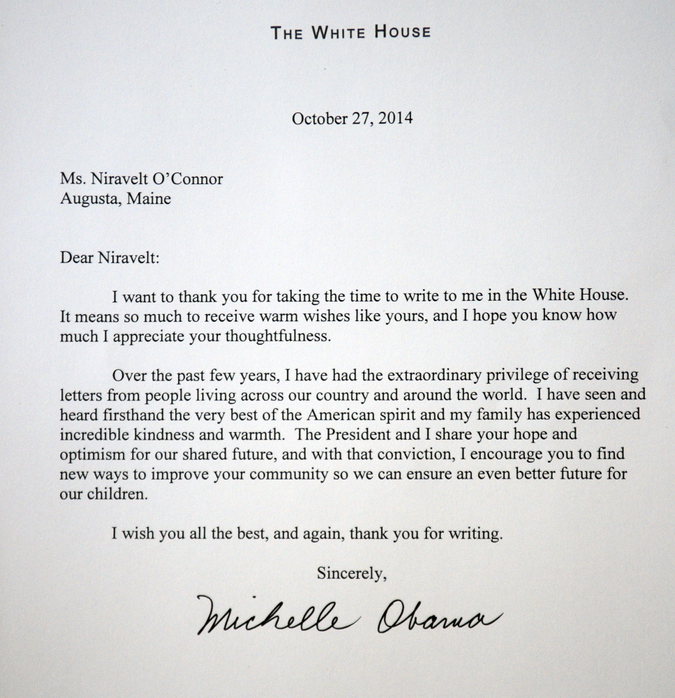 Michelle Obama sent this letter to Niravelt O’Connor.