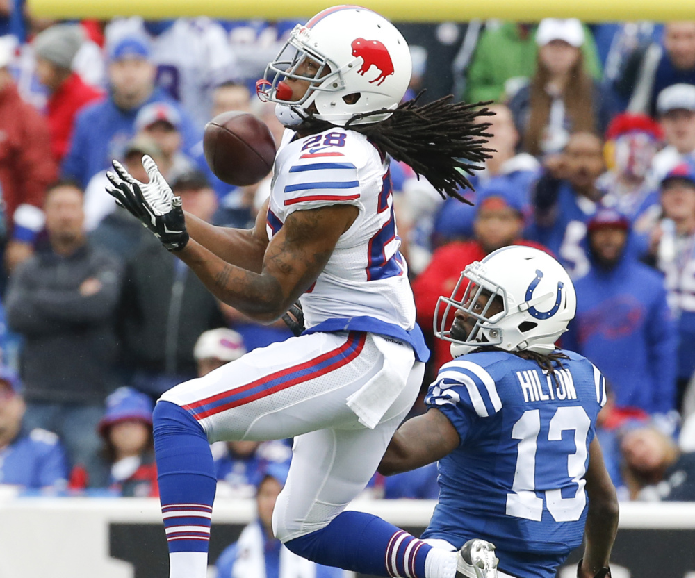Bills cornerback Ronald Darby intercepts a pass intended for Colts wide receiver T.Y. Hilton during Buffalo’s 27-14 win Sunday in Orchard Park, New York.