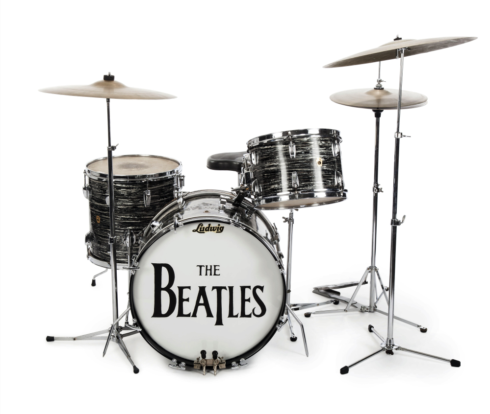 Ringo Starr’s first 1963 Ludwig Oyster black pearl three-piece drum kit was used in more than 200 performances in 1963 and 1964. The set was used to record some of The Beatles’ biggest hits, including “Can’t Buy Me Love.” 