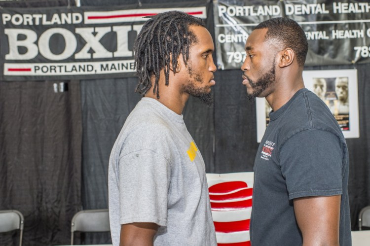Thomas Falowo of Pawtucket, R.I., left, and Russell Lamour Jr. of Portland appear at a news conference Monday to announce a rematch of their New England middleweight title fight, which will take place at the Portland Expo on Nov. 14.
Patrick Scholz/Special to the Press Herald