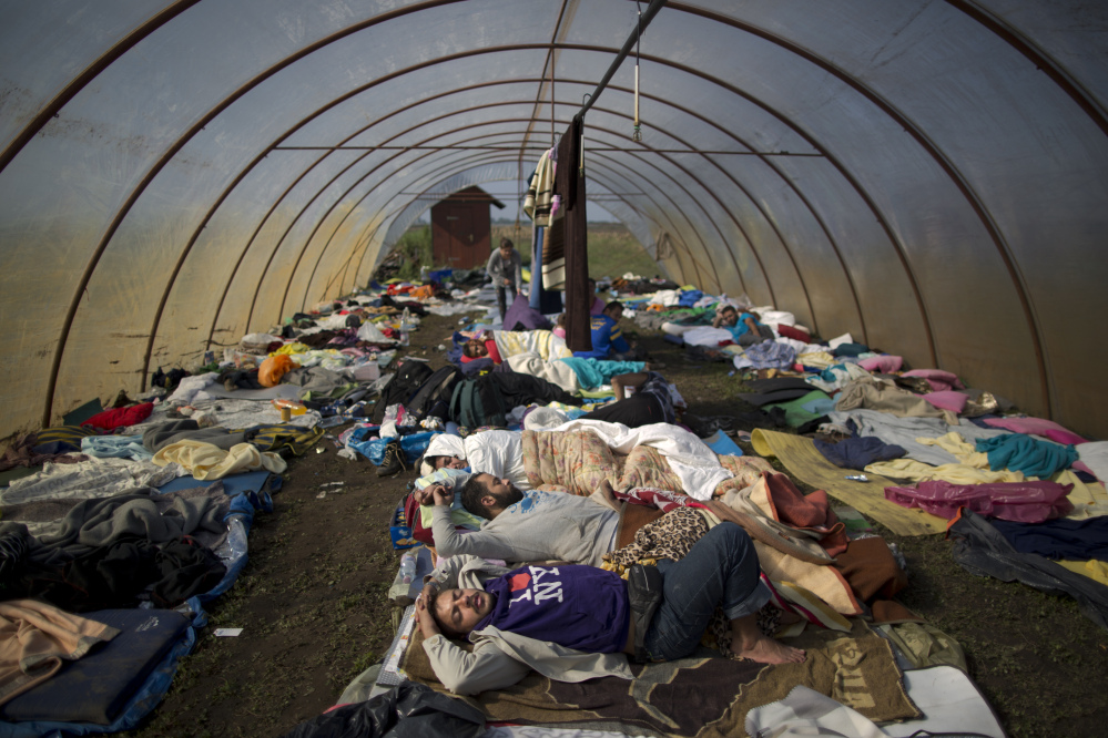 Syrian migrants sleep inside a greenhouse at a makeshift camp near Roszke, Hungary, on Sunday.
