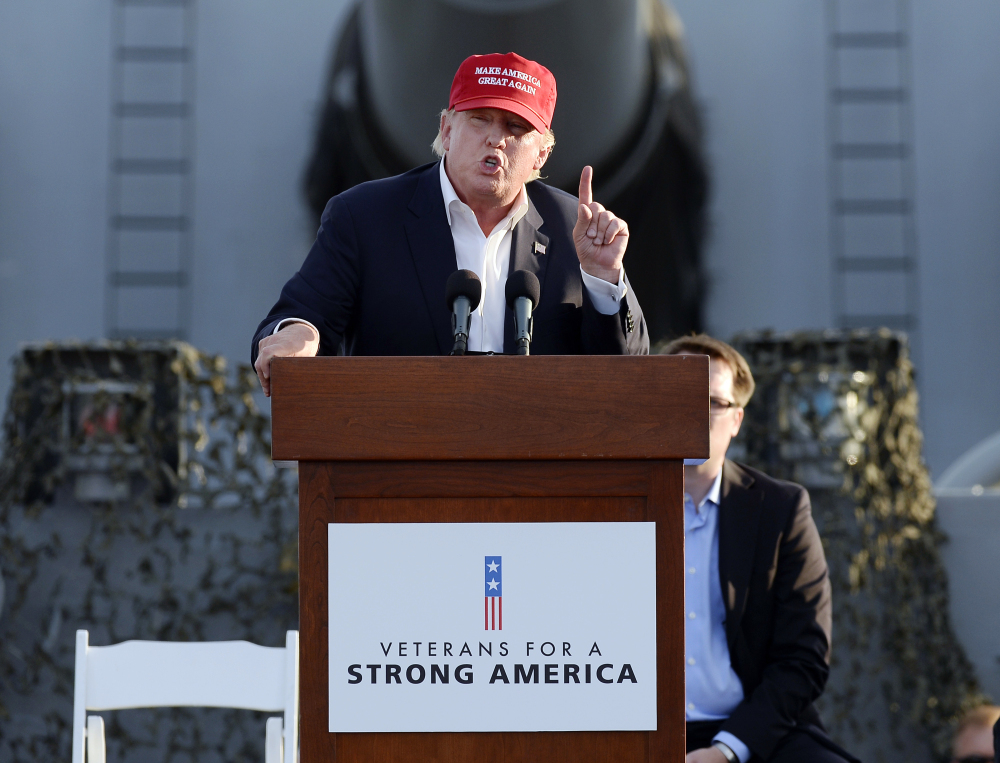 Republican presidential candidate Donald Trump speaks during a campaign event aboard the retired ship USS Iowa in Los Angeles on Tuesday.