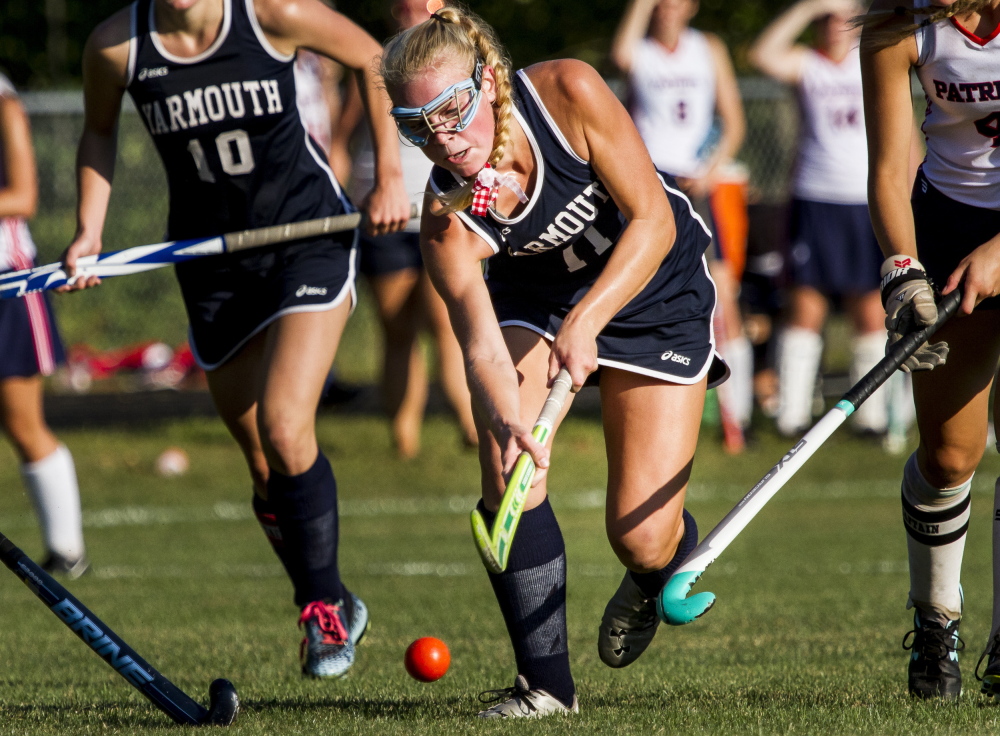 Yarmouth’s Eliza Lunt drives toward the goal Wednesday in a field hockey game at Gray. Yarmouth topped Gray-New Gloucester 4-1, getting goals from four players to improve to 5-0.