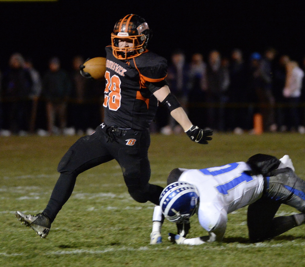 Will Bessey, who rushed for 1,600 yards as a tailback last season for Brunswick, this year is at fullback and linebacker, with stints at tailback, wingback and quarterback likely still to come.