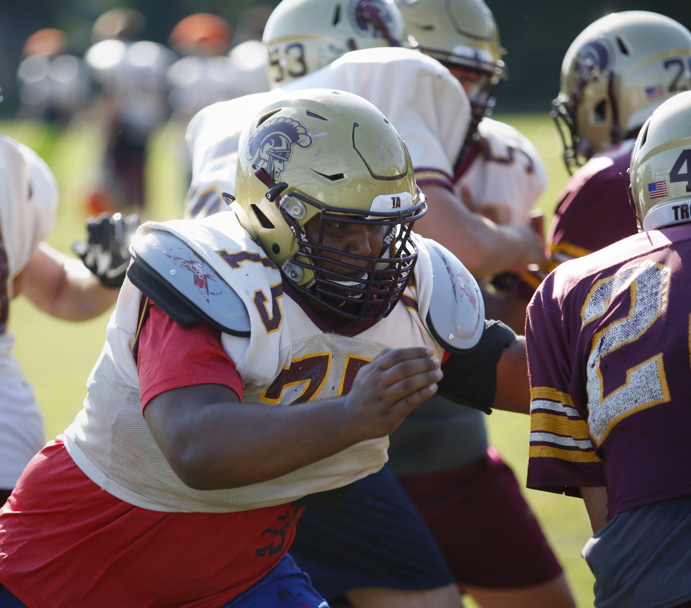 Elijah Ayotte, a senior co-captain and defensive tackle, is a three-year starter for Thornton Academy, which has replaced six graduated defensive starters from a state title team.