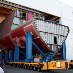 The Pentagon is reviewing whether to cancel construction of the third Zumwalt-class destroyer, now 40 percent complete at Bath Iron Works. The decision could have far-ranging effects as the shipyard is Maine’s fifth-largest private employer and spent upwards of $60 million last year with companies in its supply chain. Above, a hull section, seen in 2011, from the first of the three Zumwalt-class destroyers, which is scheduled to start undergoing tests in November. Courtesy of Bath Iron Works