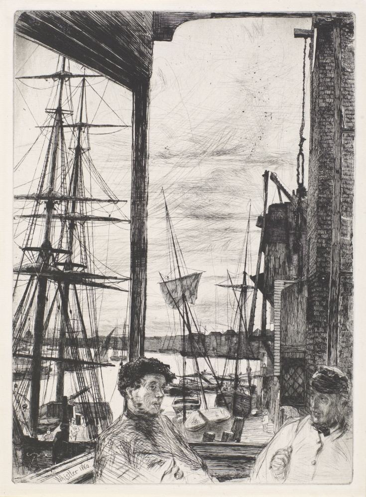 “Rotherhithe,” 1860
Etching and drypoint in black ink on off-white paper; sixth (final) state
117/16 x 87/16 in.
Left: “A White Note,” 1862
Oil on canvas
14  x 12  in.
Far left: “Nocturne,” 1879–80
Etching and drypoint in brown ink on ivory laid paper
83/16 x 11  in.