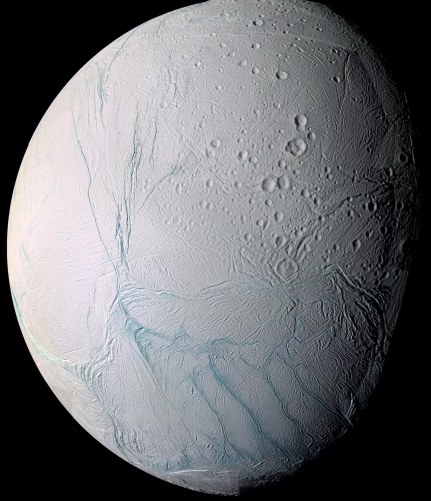 Icy Enceladus, one of Saturn’s moons.