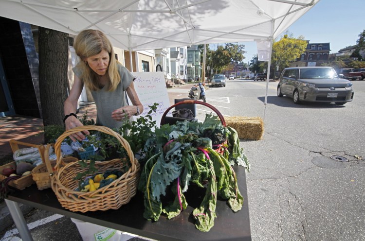 Anne Spelman tends to fresh vegetables in a parking spot along Congress Street on Friday. Passers-by were welcome to take vegetables in return for “love” for Bramhall Square – a small, public space at the intersection of Deering Avenue and Congress and Bramhall streets.
Jill Brady/Staff Photographer