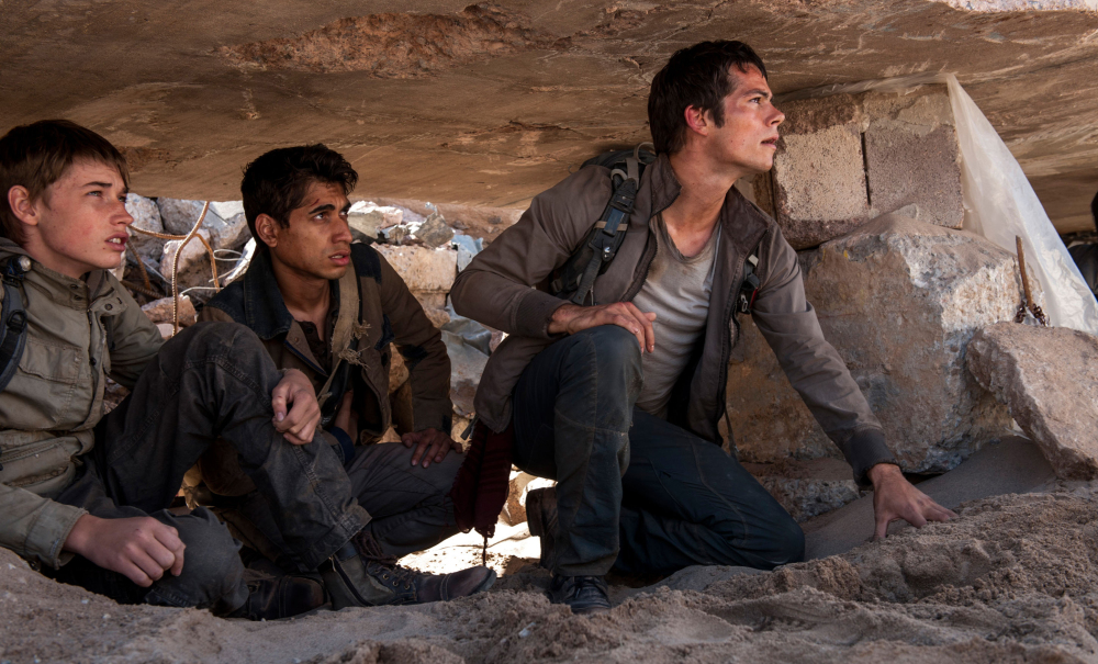 Jacob Lofland, left, Alex Flores, center, and Dylan O’Brien appear in “Maze Runner: The Scorch Trials.” A diverse cast is seen to draw a diverse audience for the movie.