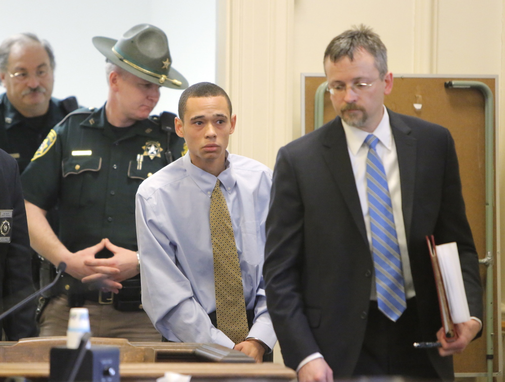 John Lopez enters court in Alfred on April 29 with his appointed attorney, Robert Ruffner, right, for his initial appearance after being charged in a 2013 murder. A reader says the state has a moral mandate to provide a public defender to those who can’t afford one.