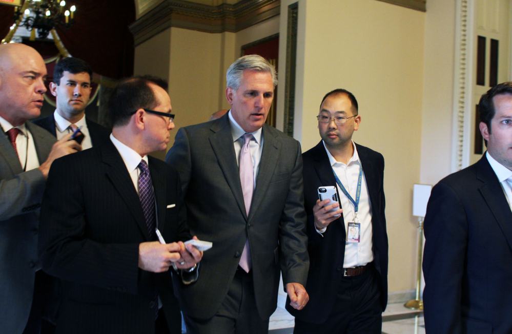 House Majority Leader Kevin McCarthy of California speaks to reporters on Capitol Hill in Washington on Friday. He is widely expected to be elevated to the speakership with John Boehner’s departure.